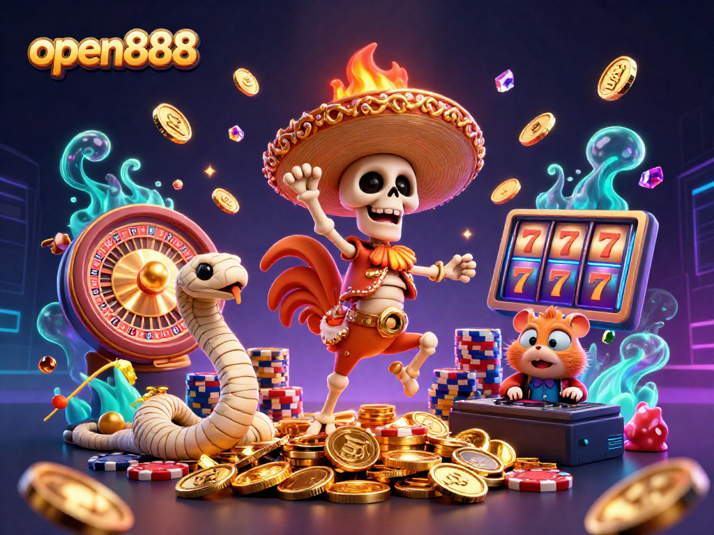 Experience the excitement of open888 casino with vibrant characters dancing around slot reels and roulette wheels.
