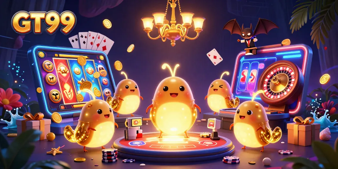 GT99 reveals an exciting gaming scene with glowworms illuminating a dynamic casino atmosphere, showcasing vibrant slot games and rich game elements.