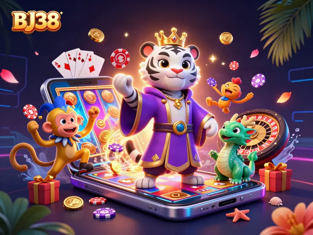 Engage in thrilling gaming adventures with BJ38 featuring a vibrant scene of playful characters and casino elements.