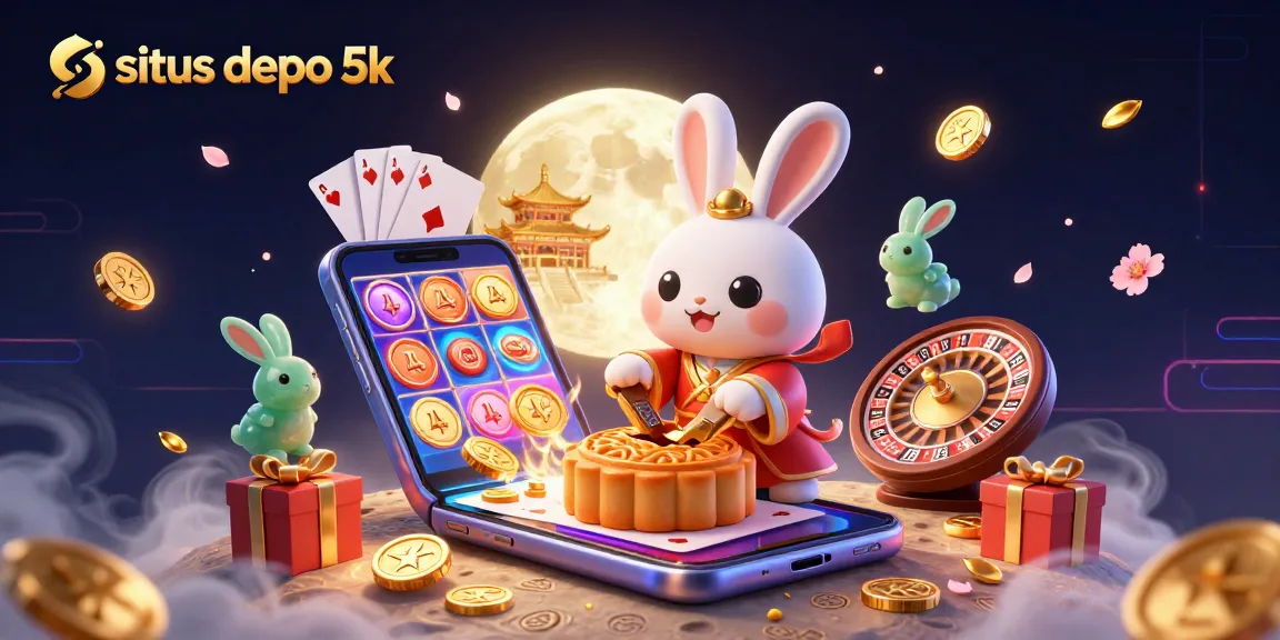 Situs depo 5k showcases an energetic scene featuring a 3D moon rabbit and gaming elements, celebrating online gambling.