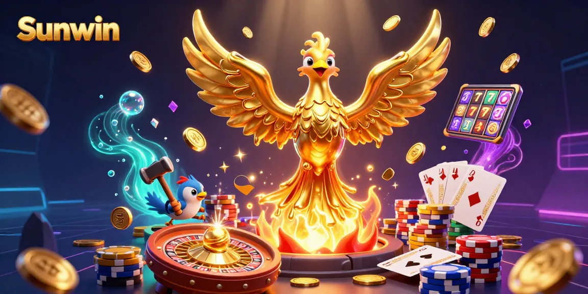 Sunwin offers exhilarating winning chances with vibrant casino elements displayed in this dynamic 3D illustration.