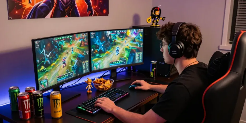 Pemain serius bermain Diana4D dengan dua monitor dan aksesori gaming, suasana meriah dalam dunia permainan online.