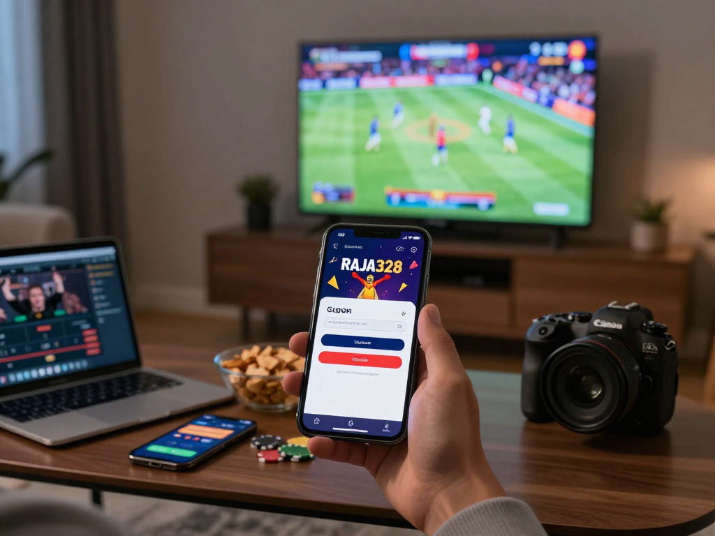 Engaging RAJA328 login experience on mobile in a lively living room setting.