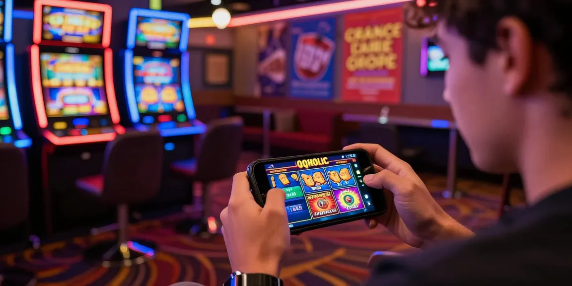 Engaged player enjoying SlotQQ QQHOLIC games on smartphone amidst vibrant casino atmosphere.