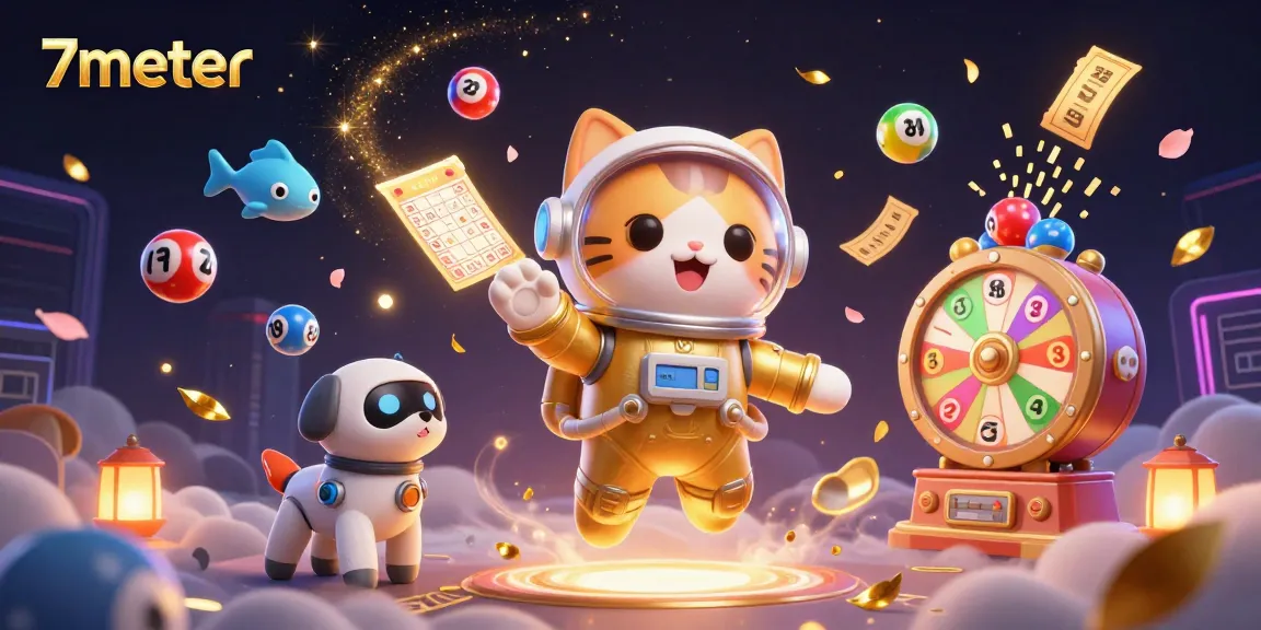 Engage with 7meter's dynamic gaming world, featuring a 3D cartoon cat and robot dog amidst a space-themed casino adventure.