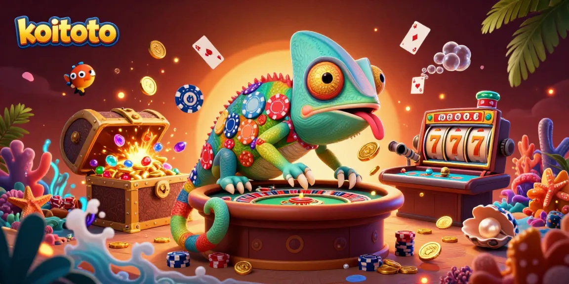 Koitoto features an energetic chameleon casino owner surrounded by slot reels and treasure elements