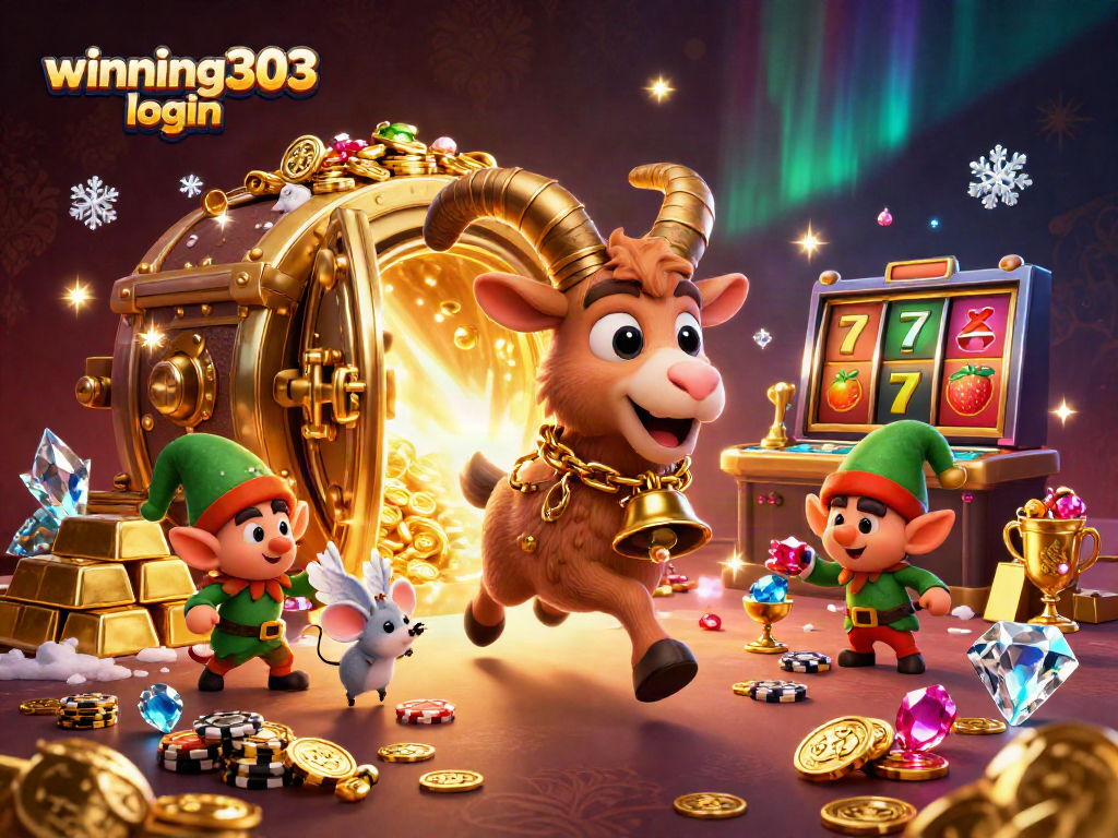 Experience the festive chaos of winning303 login with a holiday-horror casino scene featuring Krampus, an angel mouse, and elf gremlins.