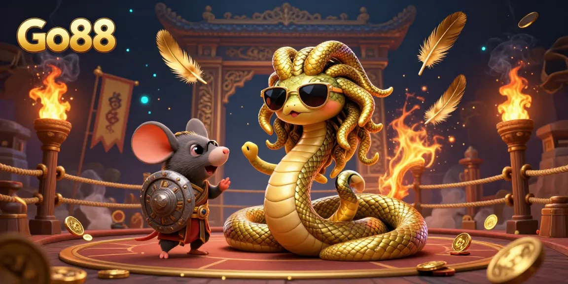 Engage in thrilling gameplay at Go88 with a vibrant scene featuring Medusa and a warrior mouse amidst a gambling arena.