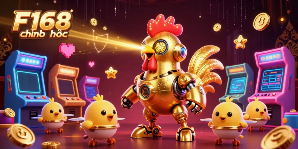 Experience the vibrant excitement of F168 chính thức with a golden rooster robot and dynamic gaming elements.