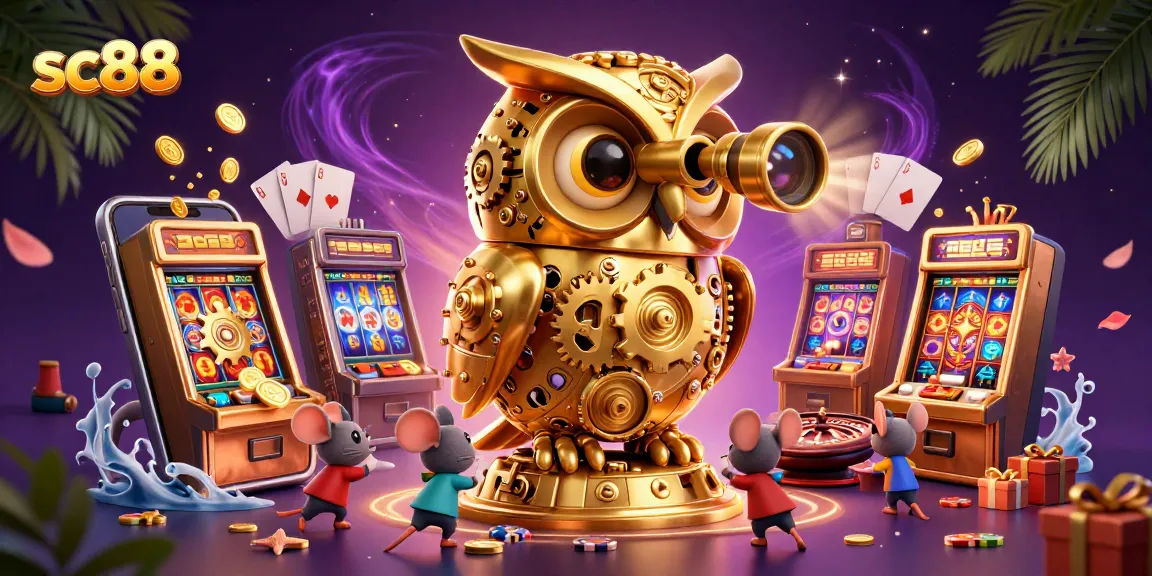 Engage with sc88's vibrant casino scene featuring a clockwork owl and playful gaming elements.