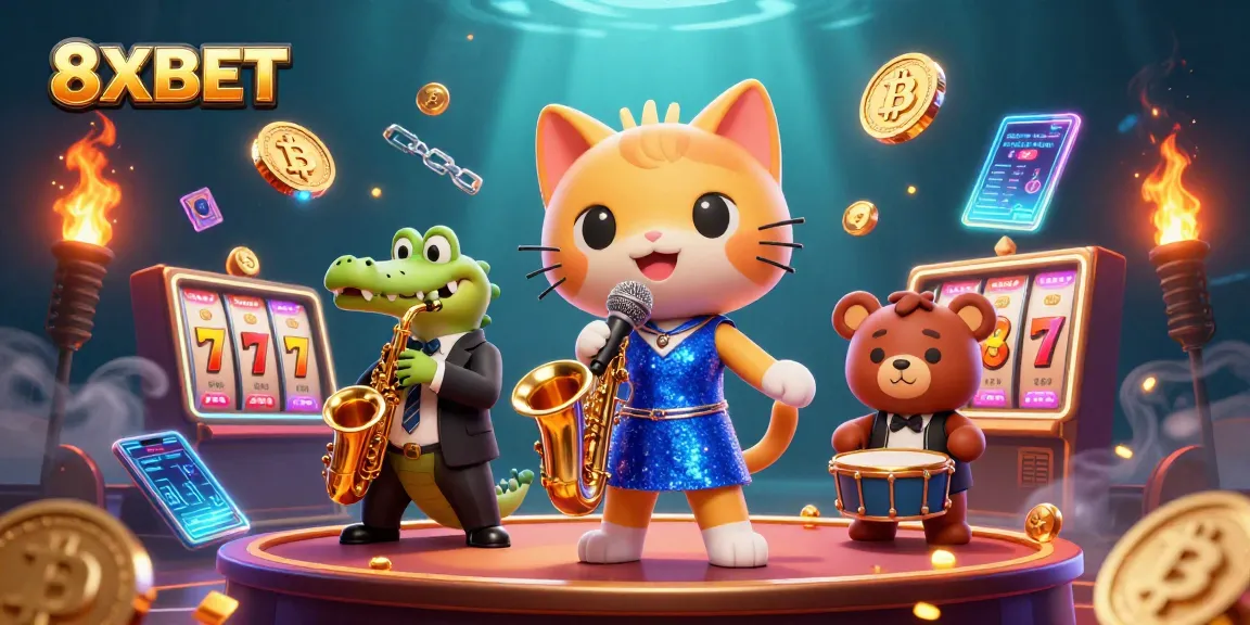 Bet and win at 8XBET with lively characters including a jazz-singer cat performing on stage.