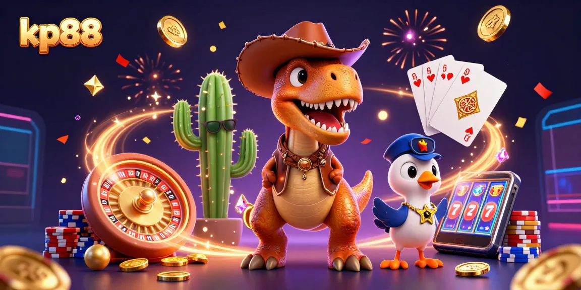 Engage with kp88's thrilling slot experience alongside a playful dinosaur and friends.