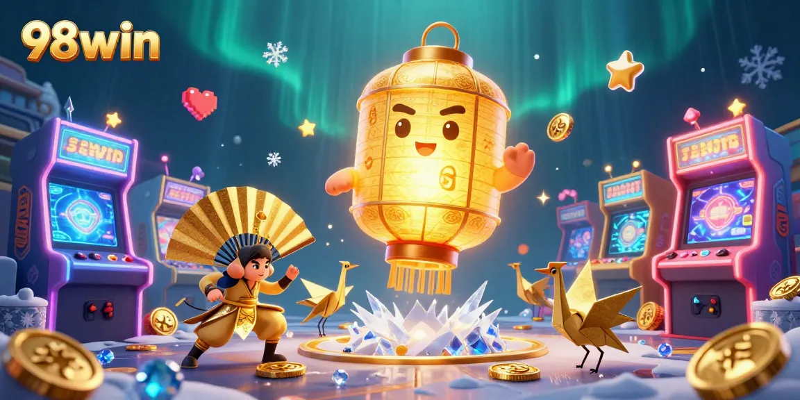 Experience thrilling gaming excitement at 98win with a vibrant, action-packed casino illustration.