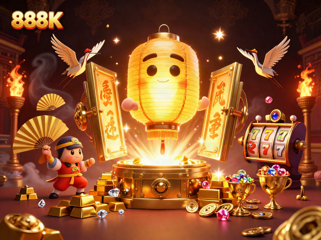Spin for thrills with 888K while experiencing vibrant casino elements and golden treasures.