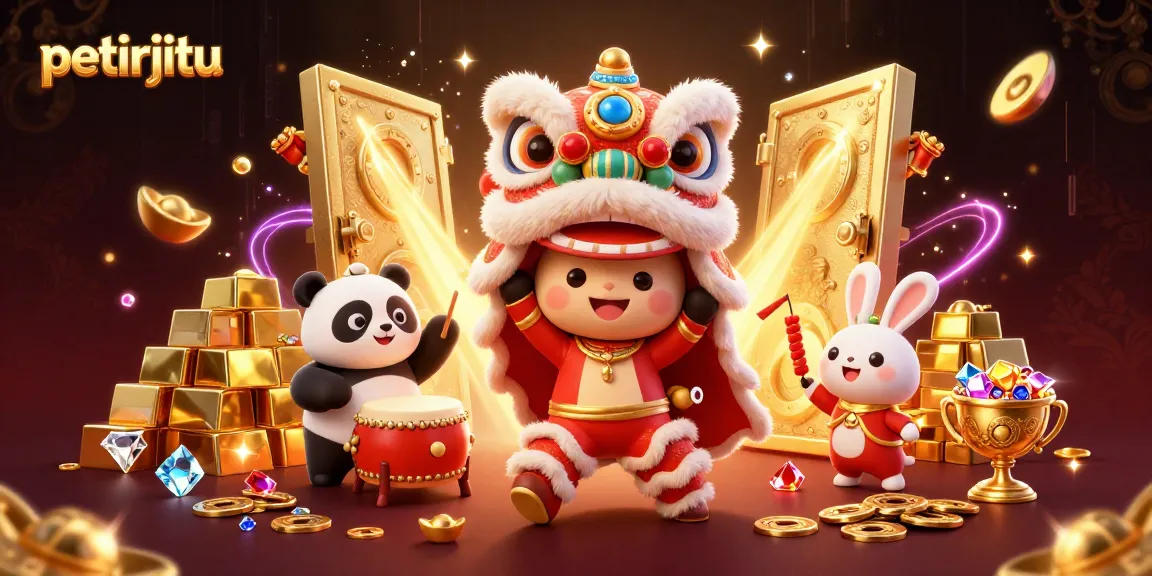 Petirjitu menampilkan karakter singa dan panda dalam suasana kasino meriah