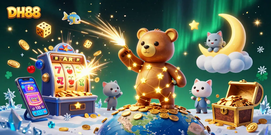 DH88 players engaging in thrilling casino games, surrounded by vibrant jackpot elements and enchanting characters.