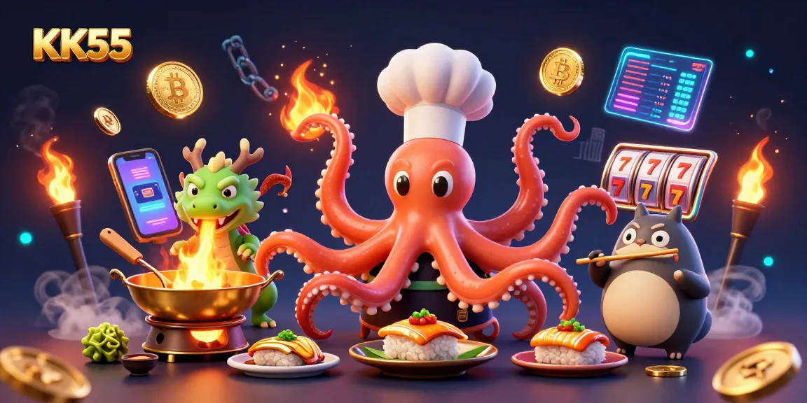 Engage with KK55's exciting gaming world featuring vibrant characters and crypto elements.