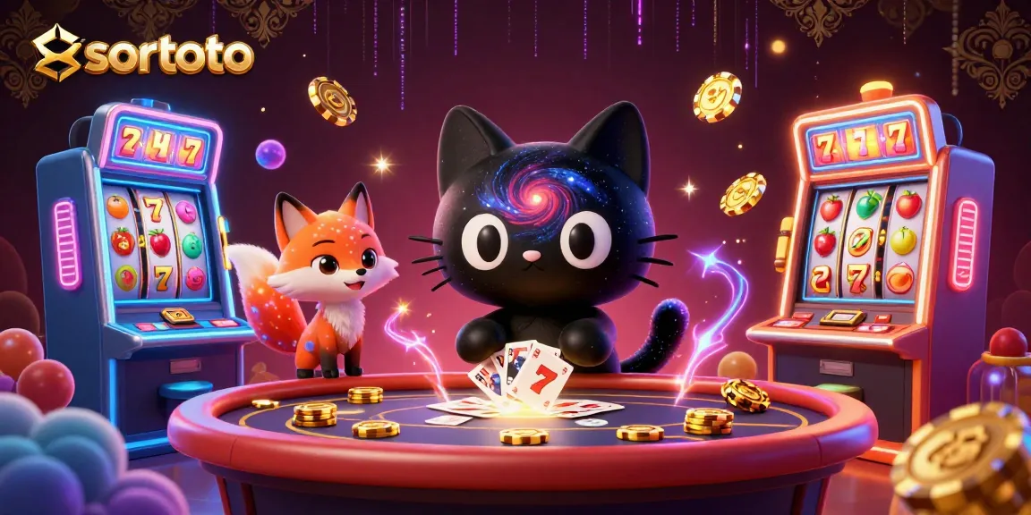 Engage with sortoto at a vibrant cosmic casino featuring playful cartoon characters and slot machines.