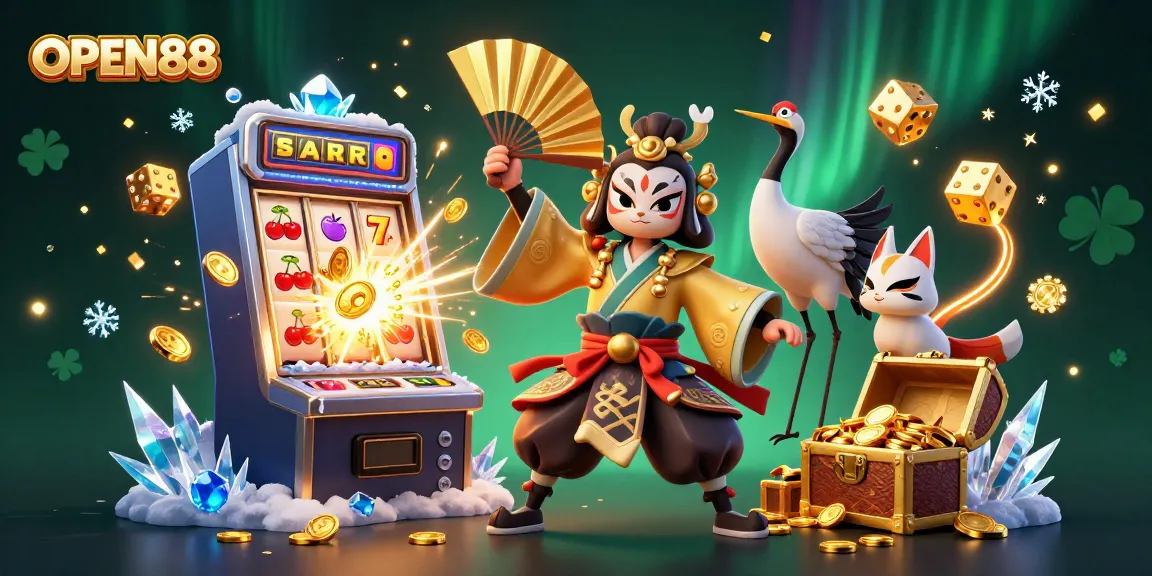 Spin the reels and win big with OPEN88's vibrant and dynamic casino scene featuring action-packed elements.