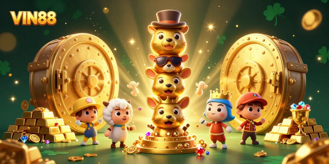 Engage with VIN88's thrilling casino experience featuring a vibrant totem and treasure in a dynamic scene.
