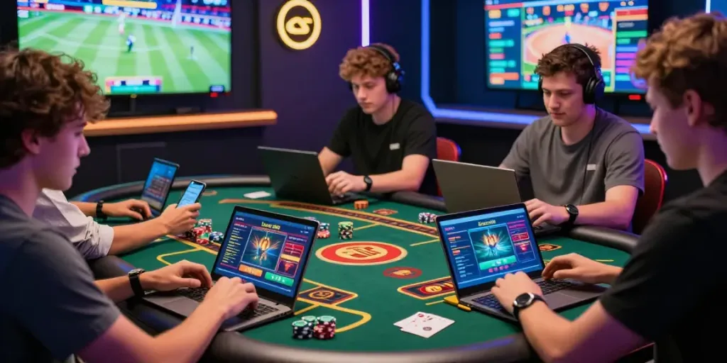 Dynamic players engaged in online gaming using lotus365 on multiple devices in a vibrant casino atmosphere.