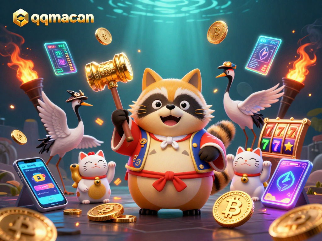 Experience the thrill of qqmacan with a dynamic 3D cartoon scene featuring festive characters and casino elements.