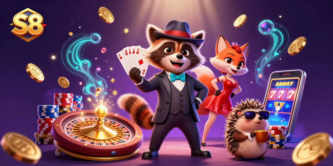 S8 engages gamblers with a lively cartoon scene showcasing a raccoon and friends celebrating a royal flush win, surrounded by casino elements.