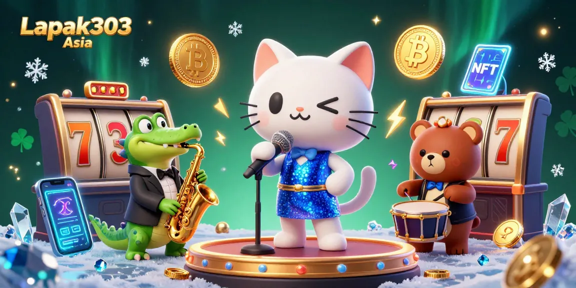 Engage with Lapak303 Asia's vibrant casino scene showcasing colorful characters and crypto elements.