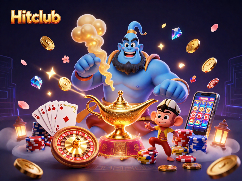 Hitclub showcases a dynamic casino scene with a magical genie and poker elements flying outwards.