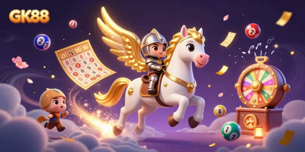 Experience the magic of winning at GK88 with vibrant lottery elements and enchanting characters.