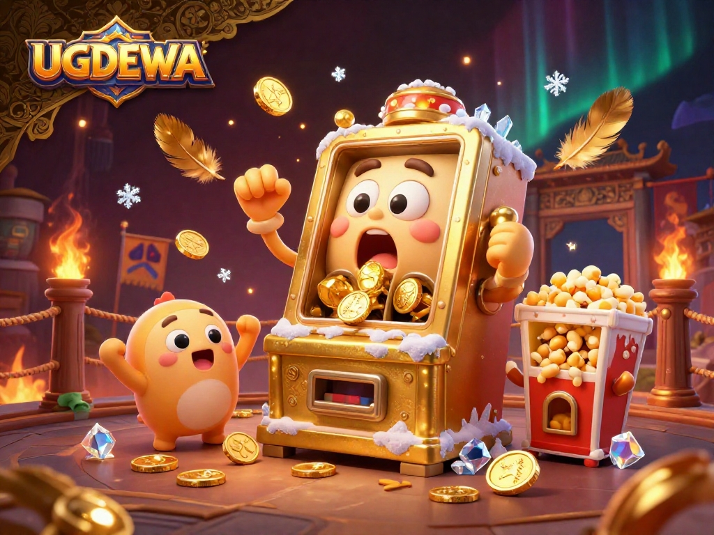 UGDEWA slot machine celebrates a jackpot with coins pouring, surrounded by cheering machines.