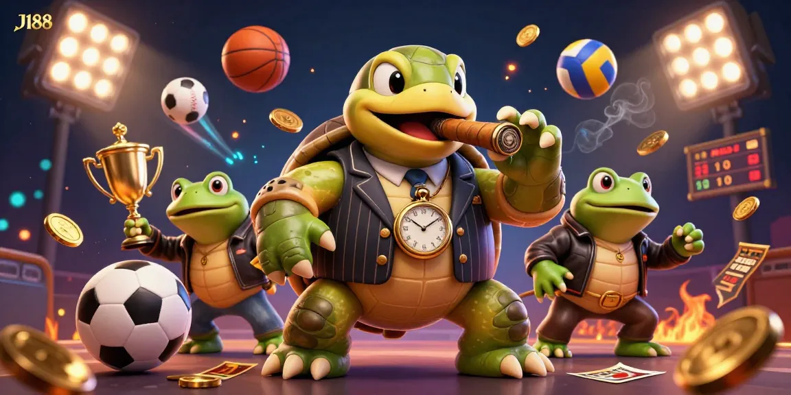 Experience thrilling betting strategies at J188 with a dynamic casino scene featuring a mobster turtle.