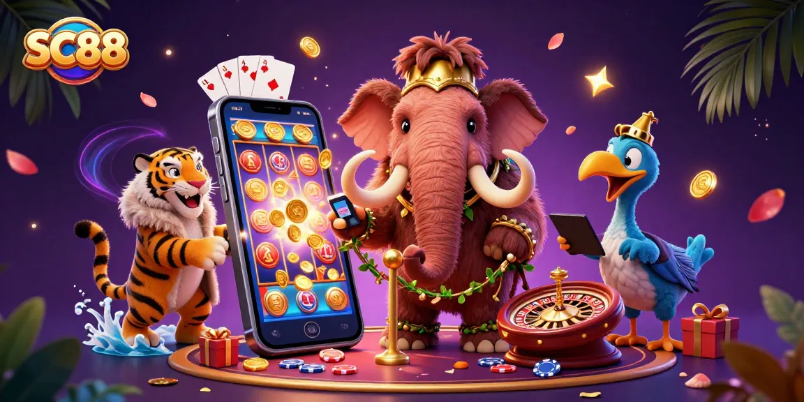 Experience thrilling gaming with SC88 in this vibrant 3D casino illustration featuring dynamic characters and lavish elements.