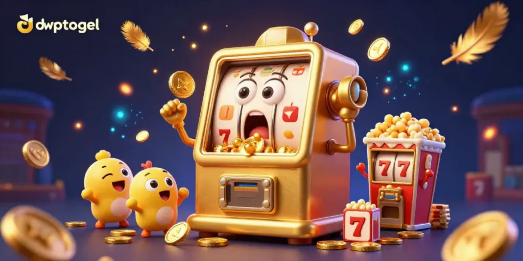 Slot machine jackpot di DWPTOGEL dengan koin berjatuhan, penuh semangat permainan.