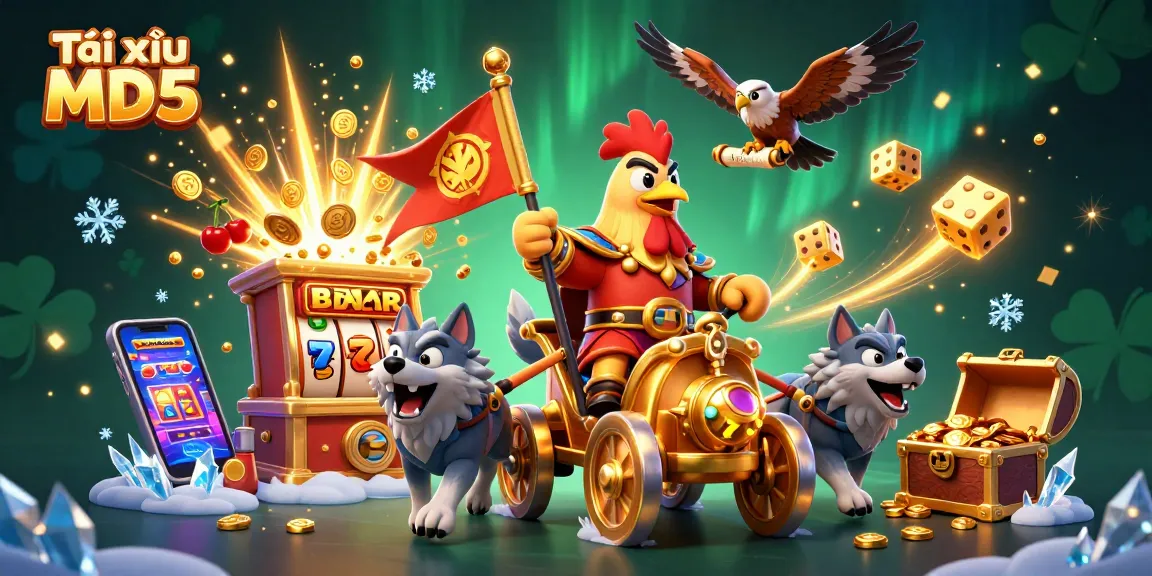 Tài xỉu MD5 showcases a rooster warlord in a golden war chariot amidst dynamic casino elements.