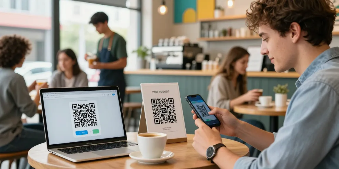 Young man using a qr code scanner on his smartphone in an urban cafe.