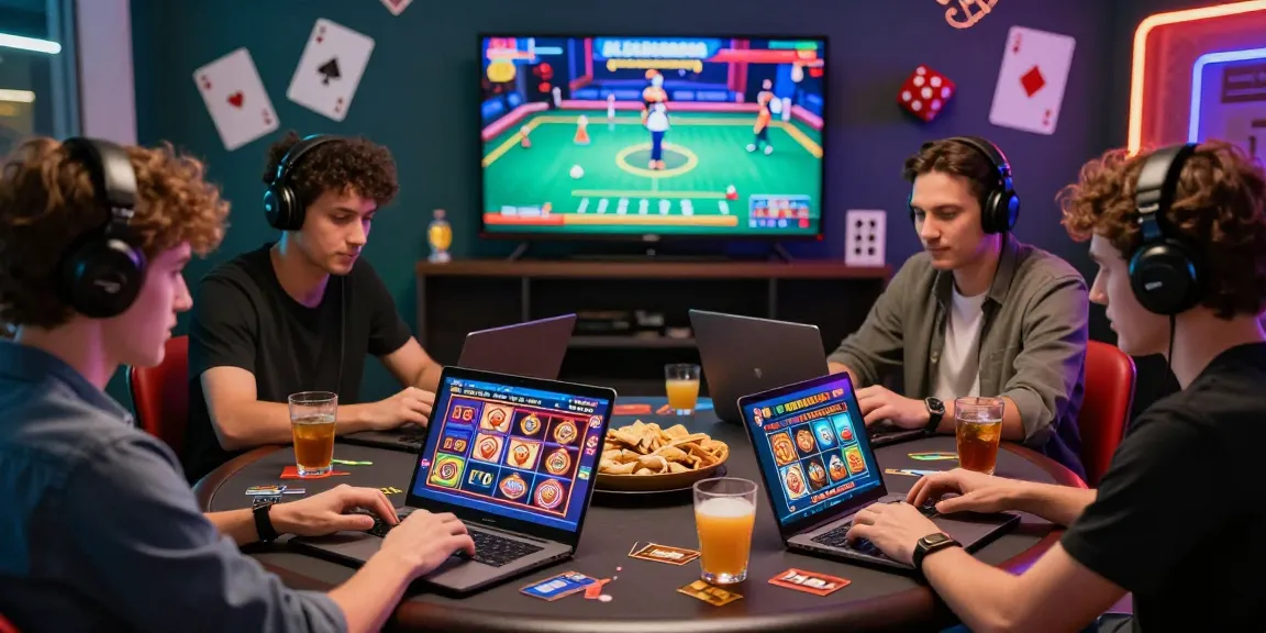 UK players engaging with credit card casinos at https://scoarch.org.uk, showcasing vibrant online gaming with friends, laptops, and snacks.