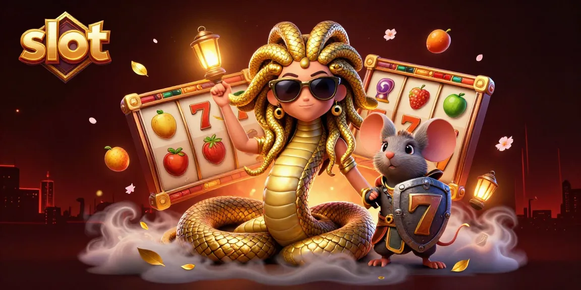 Experience thrilling slot action featuring Medusa and a warrior mouse in a vibrant casino scene.