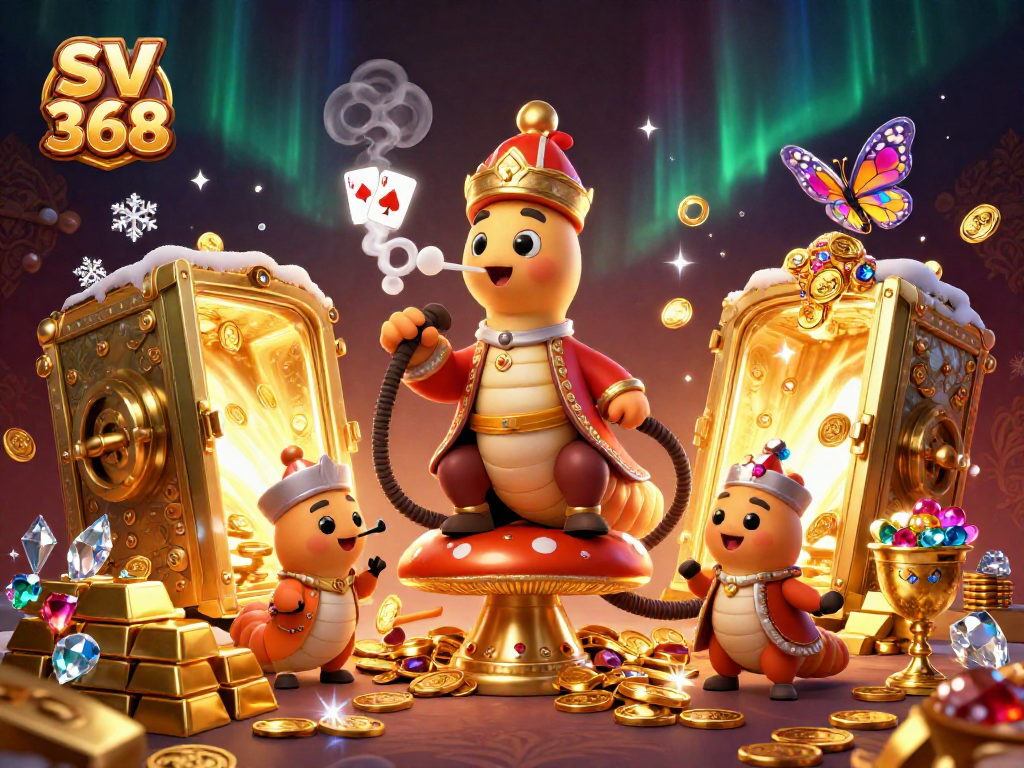 Engage in vibrant SV 368 casino action with an enormous caterpillar enthroned, showcasing poker symbols.