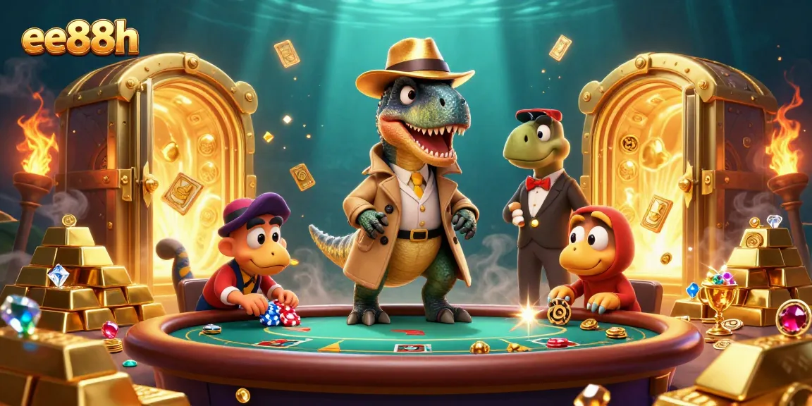 ee88h velociraptor countering cards at blackjack with gold treasures around
