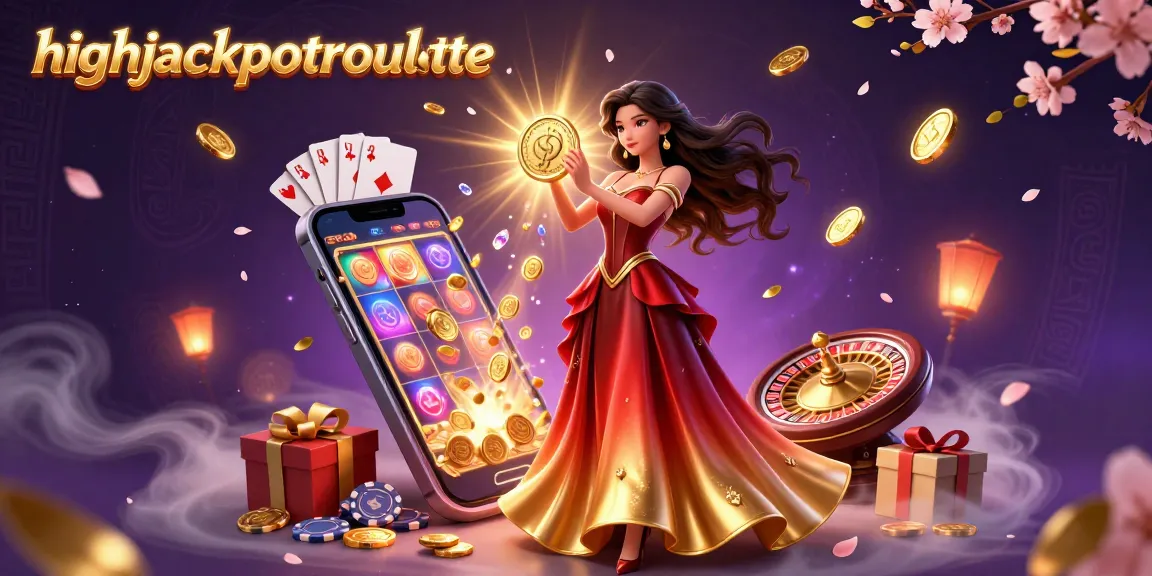 Experience highjackpotroulette with a stunning Asian woman holding a golden coin amidst a vibrant casino setting.