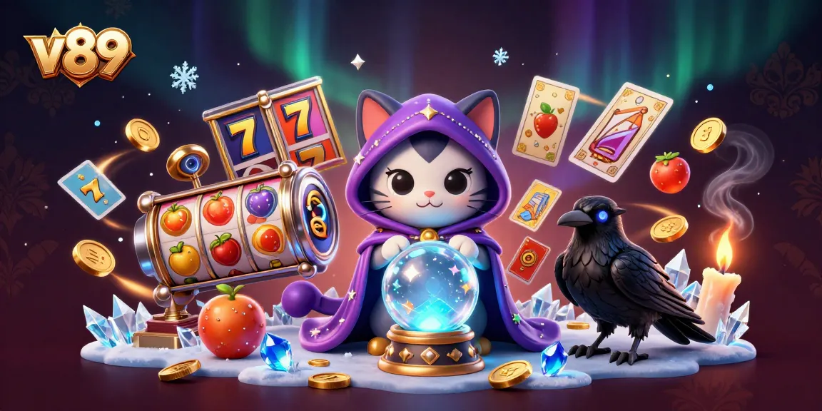Gambarkan v89 dengan kucing mistik dan burung gagak menampilkan pengalaman bermain slot yang mendebarkan.