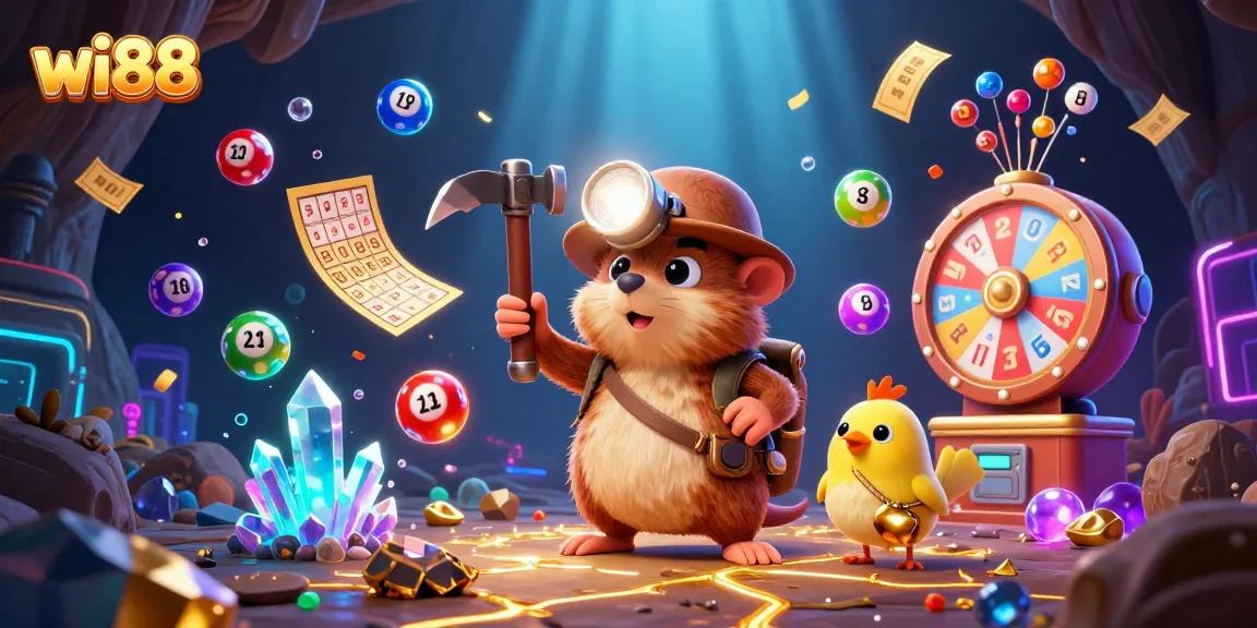 Experience the thrill of winning at wi88 with vibrant lottery elements and a mining theme in this dynamic illustration.