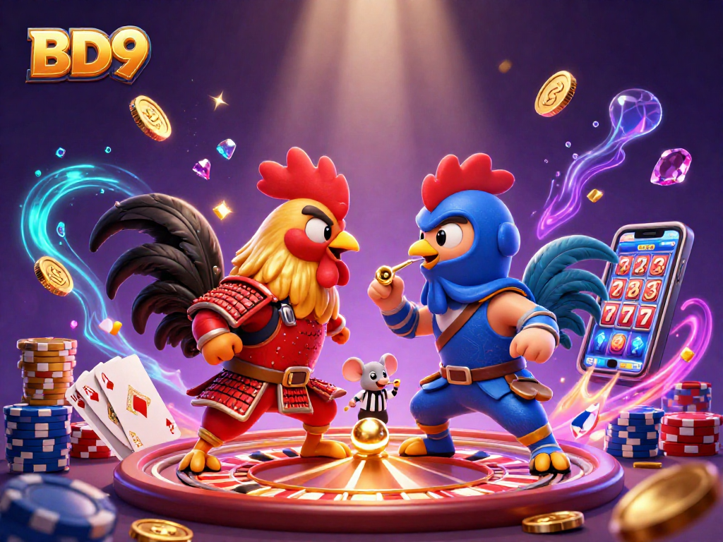 See BD9's thrilling action with cartoon roosters in an epic showdown within a vibrant casino.