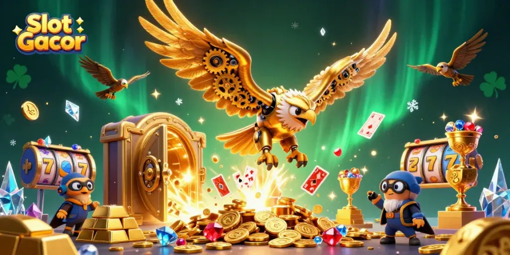 Engaging Slot Gacor scene featuring a golden eagle diving through playing cards amidst treasures and dynamic casino elements.