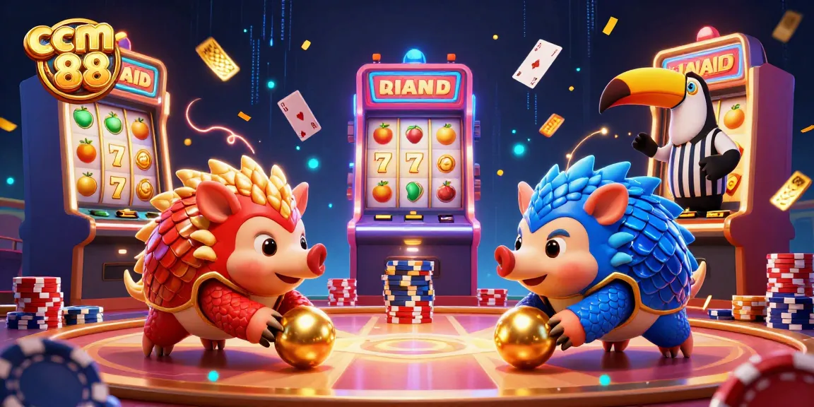 Engage with cm 88 through vibrant casino-themed game elements featuring rival pangolins and slot machines.