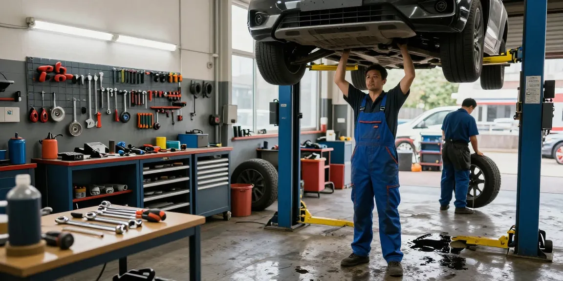 Teknisi otomotif di https://mobile1.habariweb.com/ sedang memeriksa mesin mobil di bengkel yang sibuk.