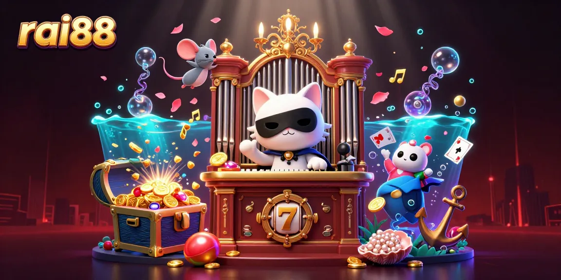Experience the thrill at rai88 with a captivating casino-inspired illustration featuring a whimsical atmosphere enriched with symbols of luck.
