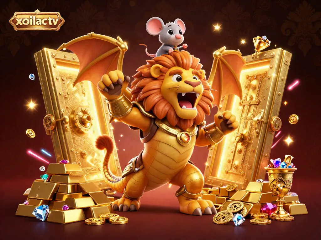 Experience thrilling action with the xoilac tv chimera character amidst treasure in an energetic casino scene.