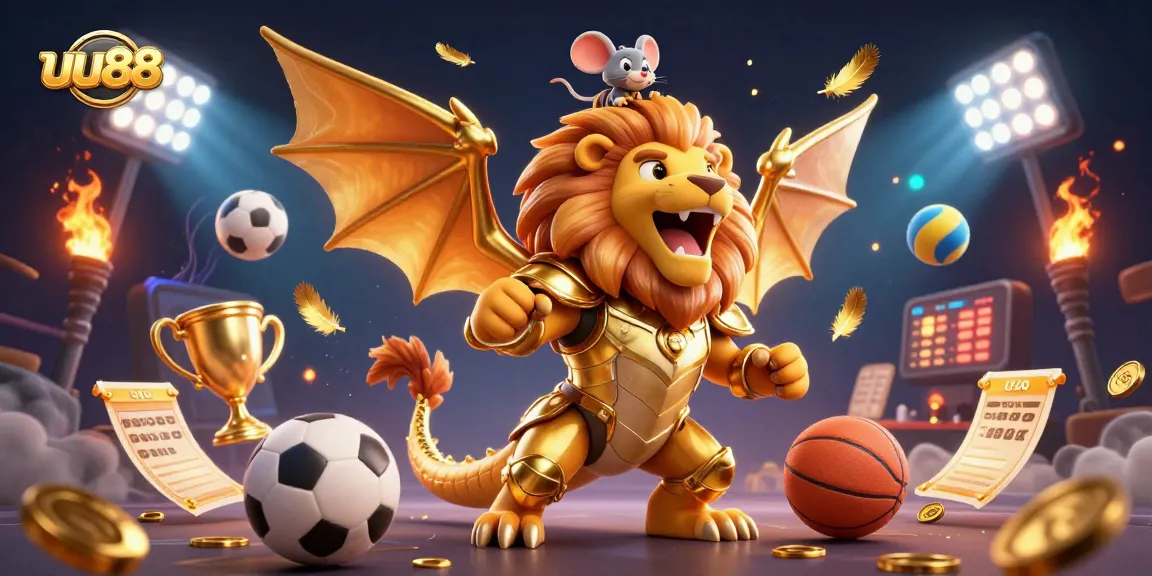 uu88 engages with a vibrant casino scene featuring a chimera creature and sports elements.